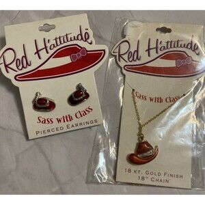 Lot of NEW Red Hattitude Hat Society Necklace Earrings Forever Fabulous Feather